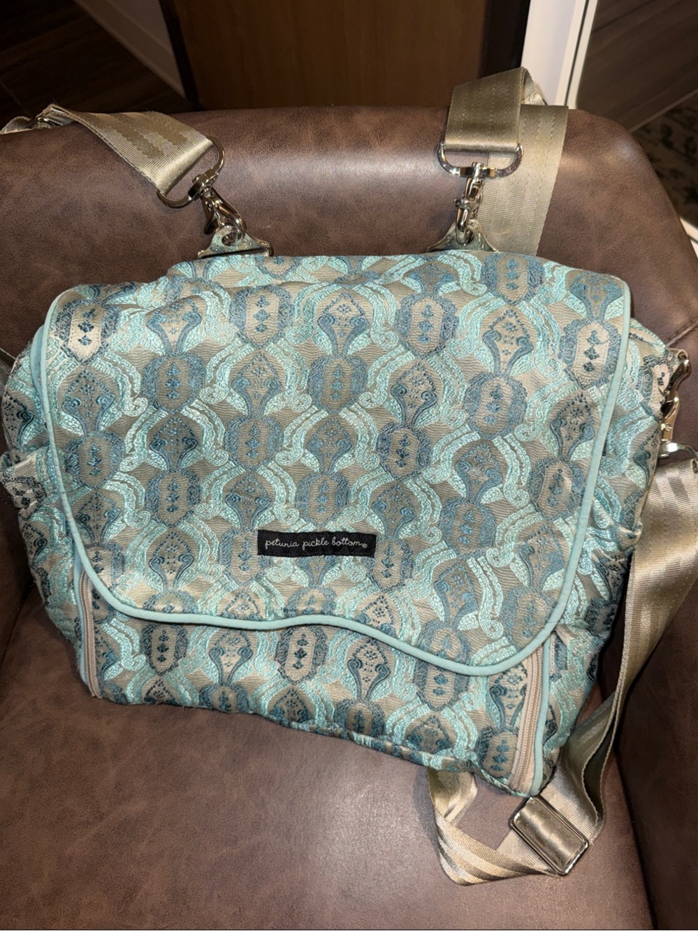 Petunia Pickle Bottom Boxy Backpack Diaper Bag Retired Aqua Jacquard Print EUC